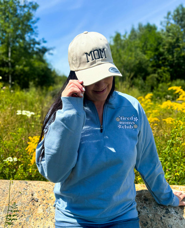 Tired Moms Club | Embroidered Quarter Zip Crew Stone Blue