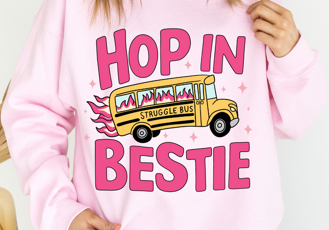 Hop In Bestie Struggle Bus | Crewneck Light Pink