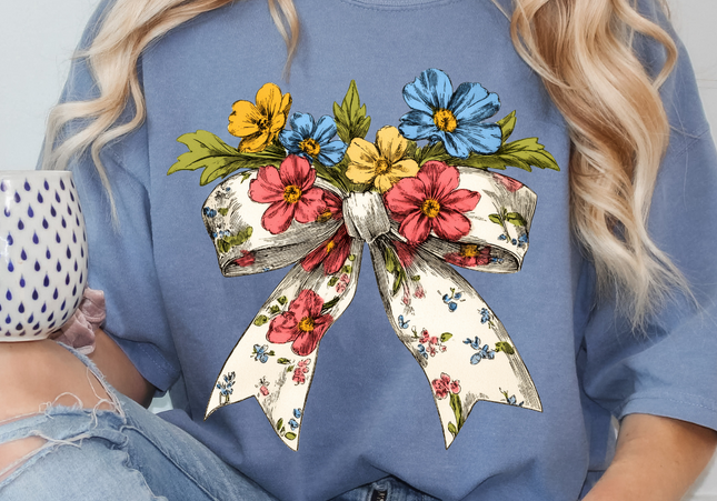 Floral Bow | Comfort Colors TShirt Blue Jean