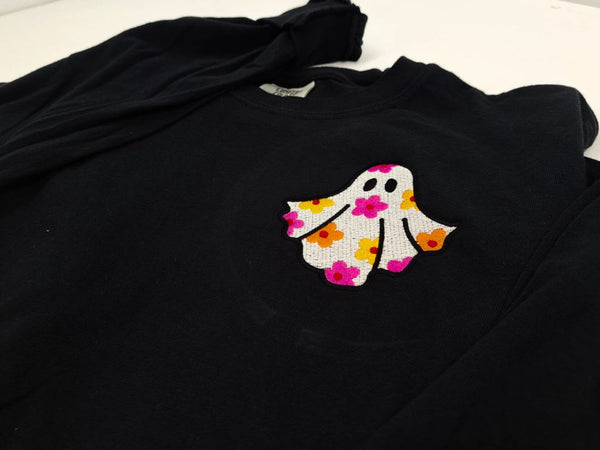 Embroidered Minimalist Daisy Ghost | Long Sleeve TShirt Comfort Colors Black