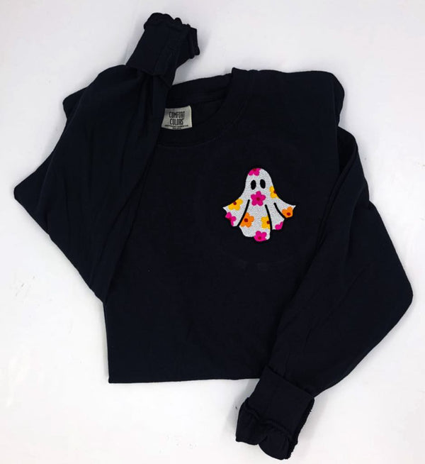 Embroidered Minimalist Daisy Ghost | Long Sleeve TShirt Comfort Colors Black
