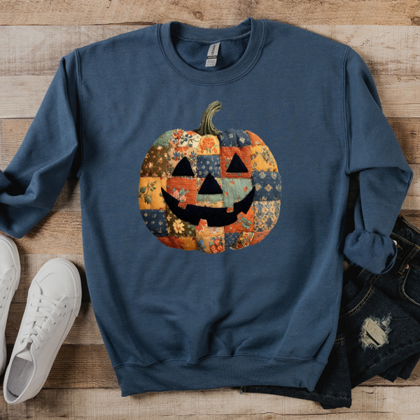 Pumpkin Faux Patchwork | Crewneck Indigo